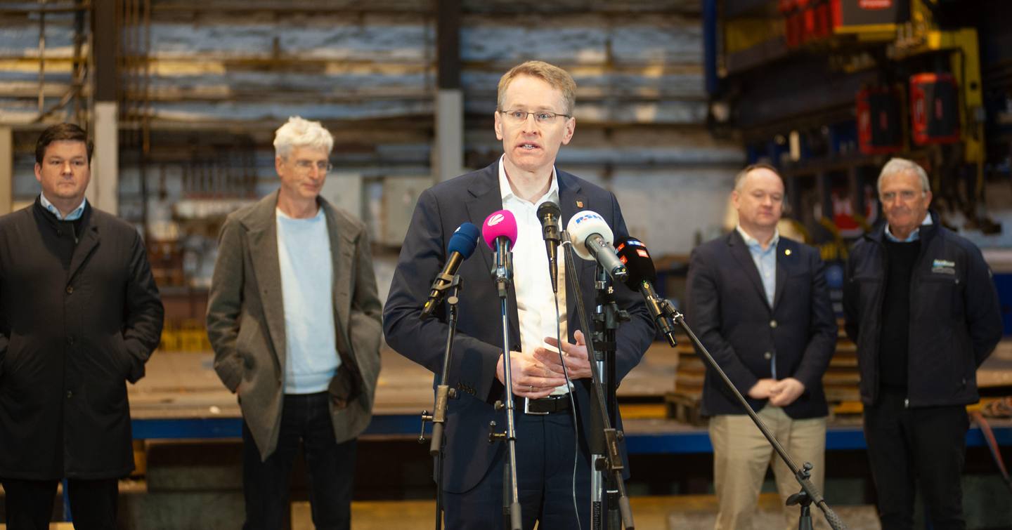 Daniel Guenther, Minister President of Schleswig-Holstein, speaking to members of the media at the FSG shipyard in Flensburg