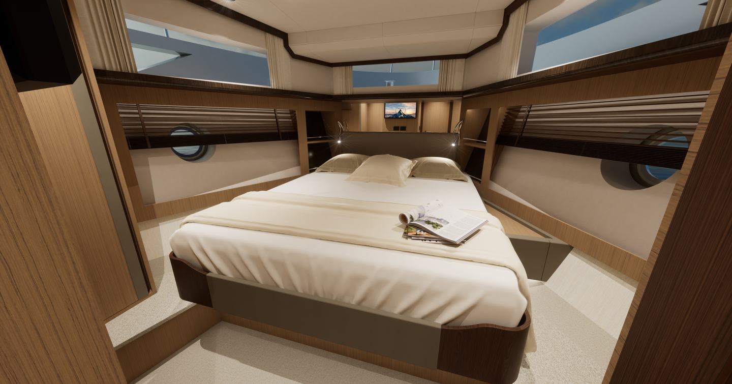 Greenline 42 motor yacht master cabin with multiple windows 