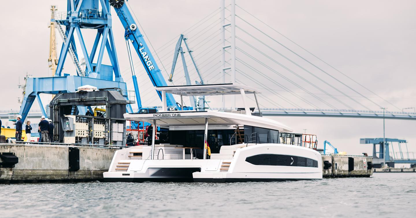 Pioneer PY60 Solar-Electric Catamaran docked at launch