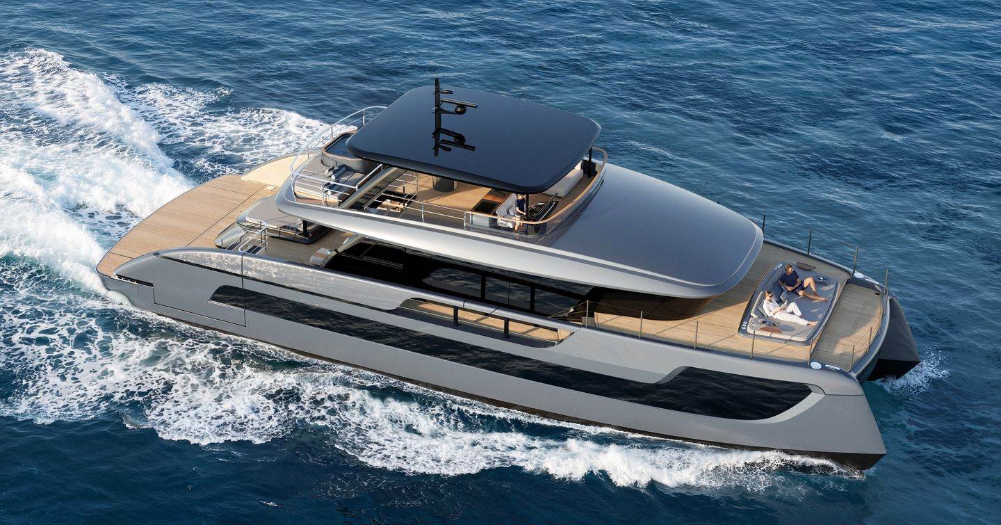 Rendering of Sunreef Ultima 88 catamaran under way 