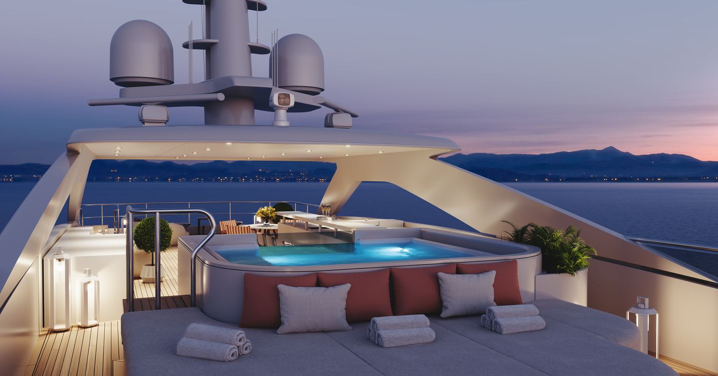 Rendering of Heesen 55m Steel Superyacht Frida upper deck jacuzzi at dusk