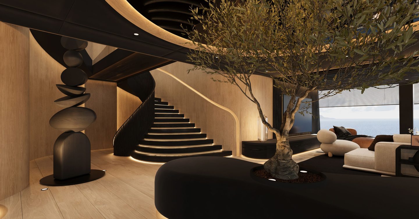 Rendering of Sunreef 65M Explorer catamaran staircase with indoor tree and abstract statue 