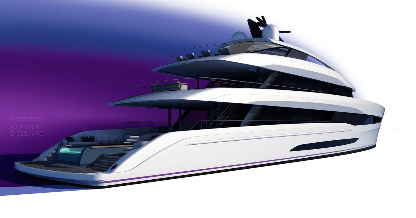 Heesen 50m Steel artist impression, aft view of the superyacht on a purple background.