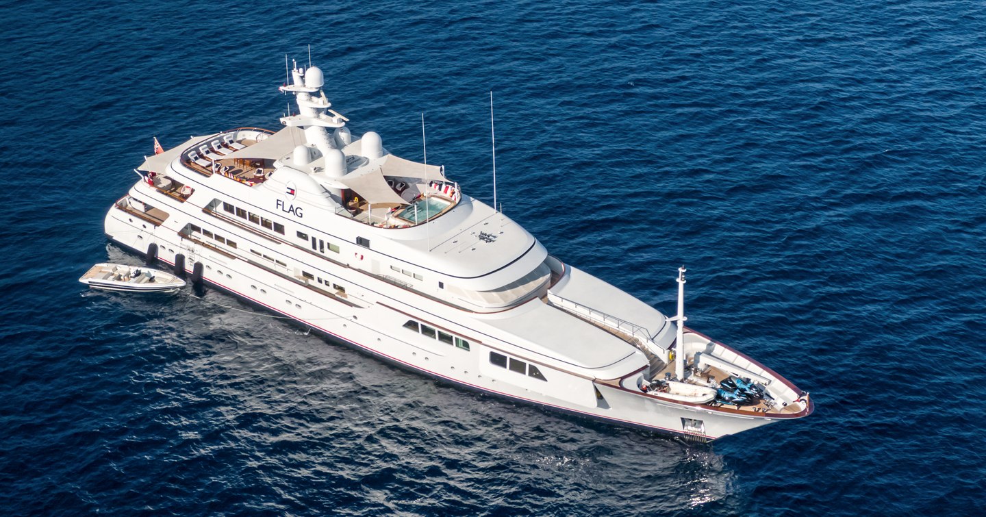 Aerial view of M/Y FLAG at sea.