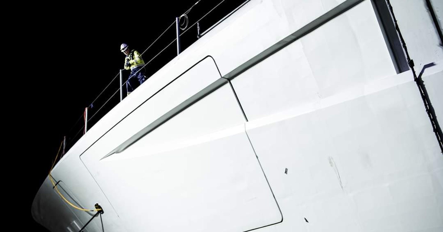 The port-side bow of Feadship project 1014