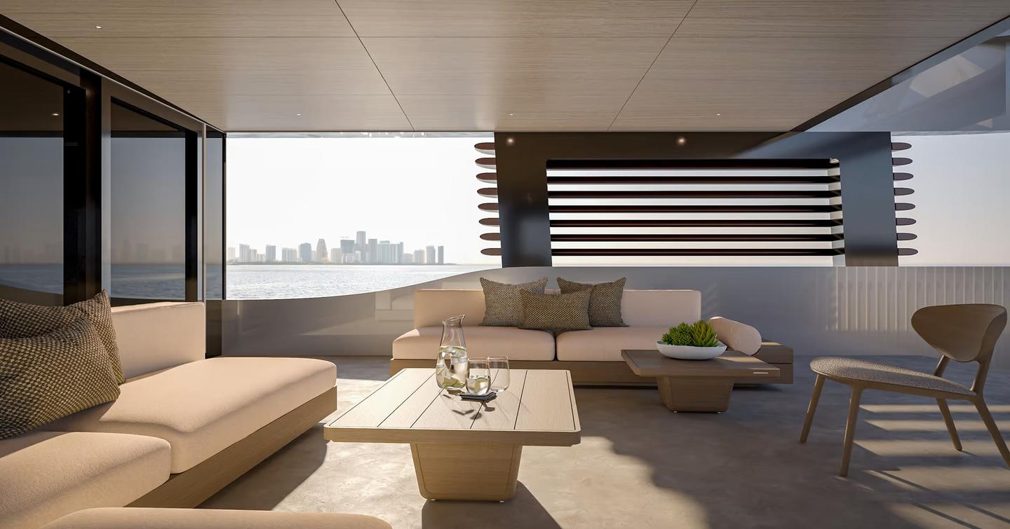 Rendering of Benetti B.Loft 58M motor yacht interior with minimal furniture and open windows