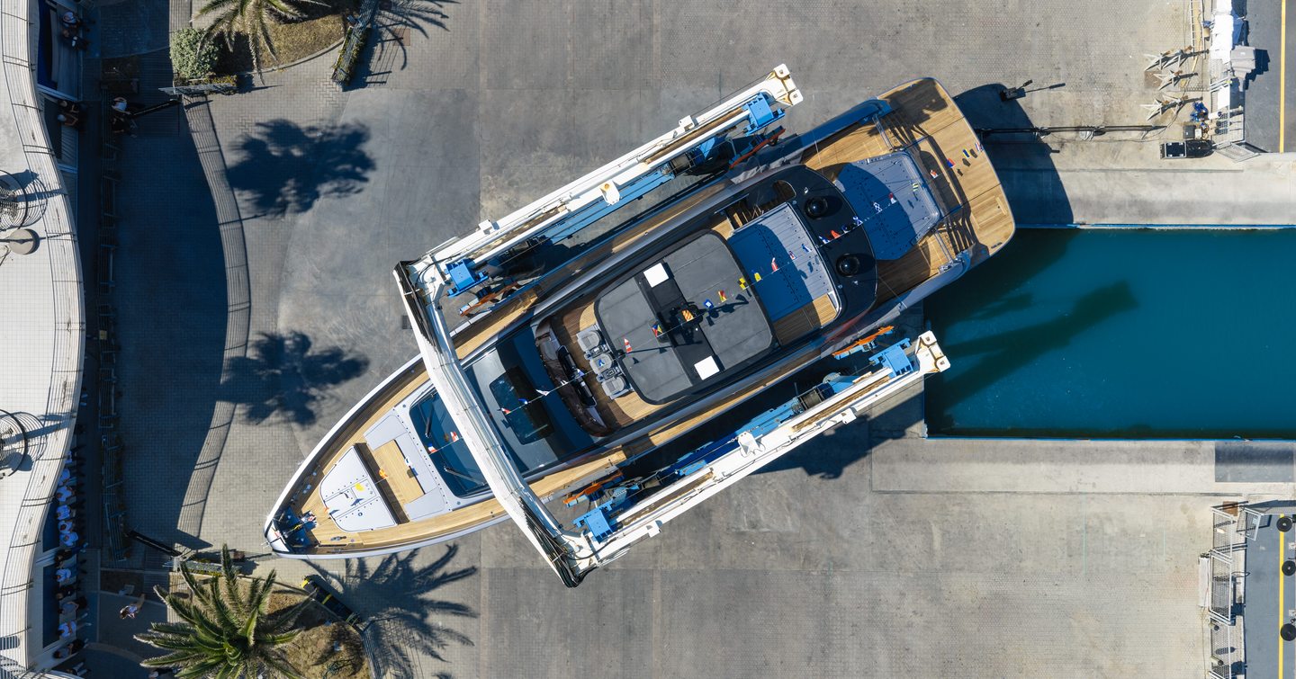 First Pershing GTX90 motor yacht launch aerial view 