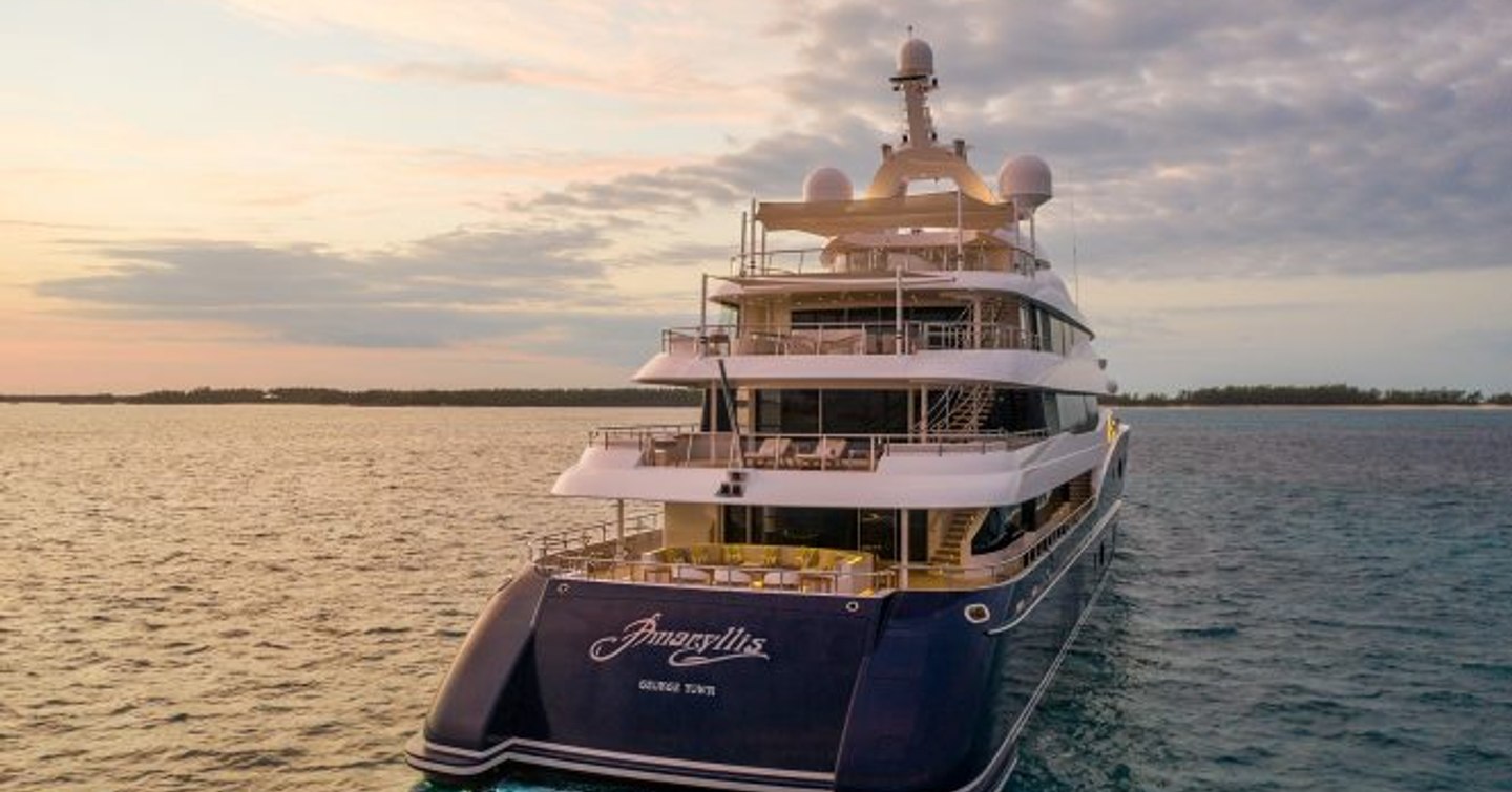 Superyacht AMARYLLIS aft view, surrounded by sea