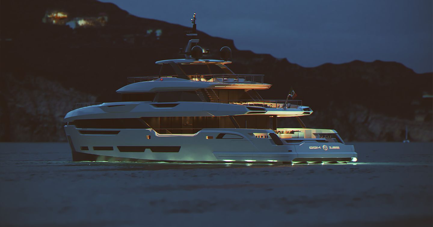 superyacht DOM133 model rendering at anchor at night