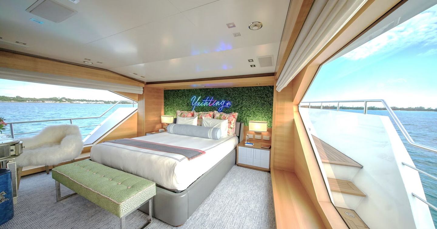 Motor Yacht Rehab's state room with large windows 