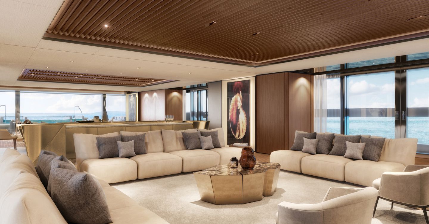 Rendering of Sanlorenzo 74Steel Superyacht main saloon with cream furniture 