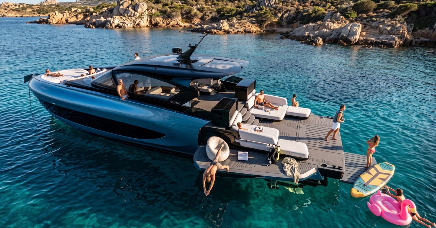 Icona 70 yacht at anchor view of stern 