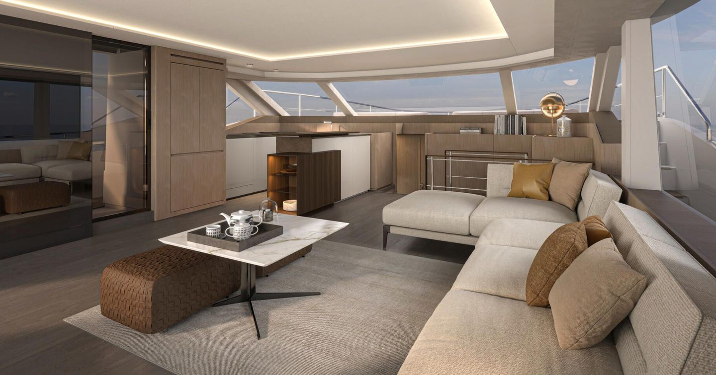 Rendering of Prestige M7 Catamaran main saloon with L-shaped sofa 
