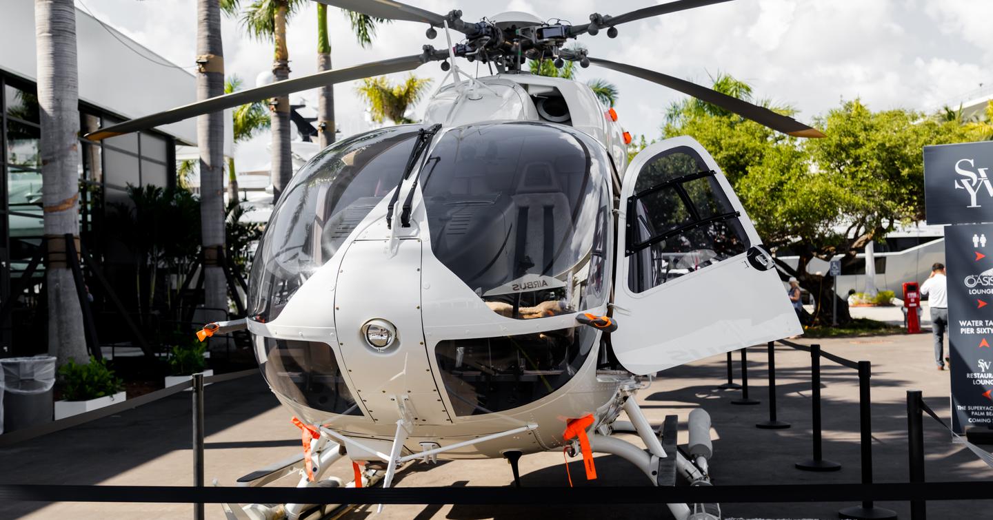 Stationary helicopter on display at Fort Lauderdale International Boat Show.