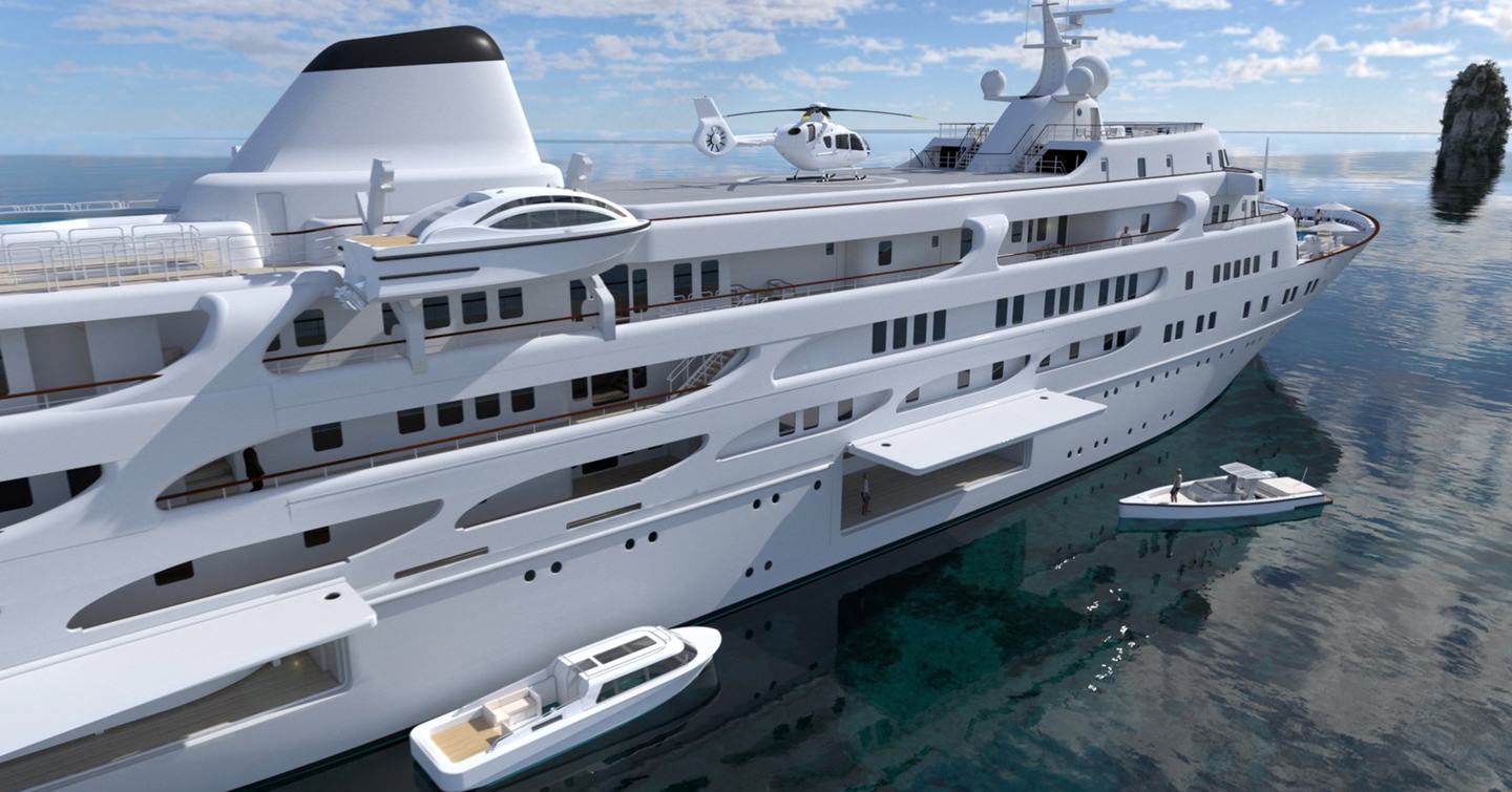 Rendering showing tenders and side of decks of Project Y910