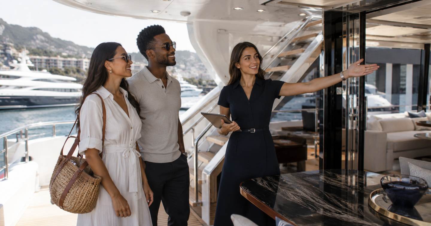 Broker showing buyers around a yacht explaining specifications 