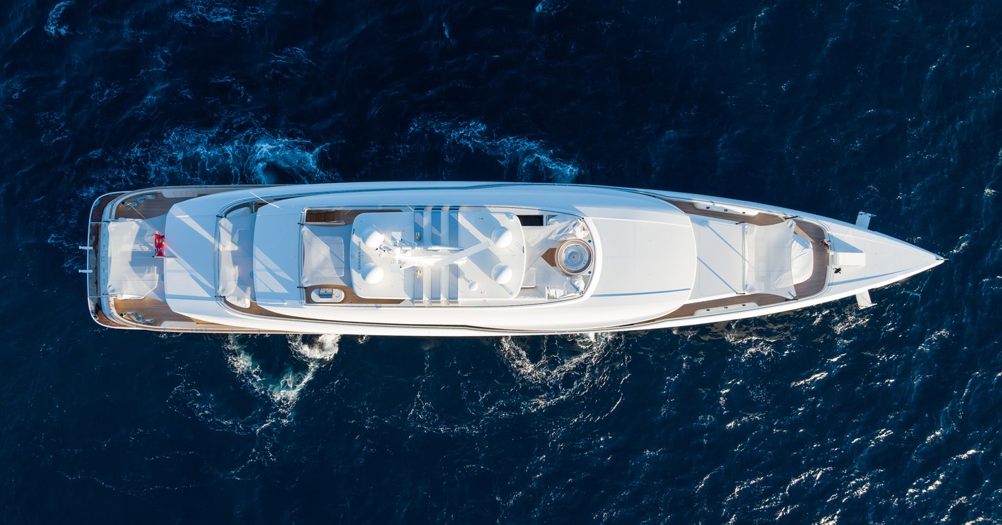 Aerial view of Superyacht Lasata under way 