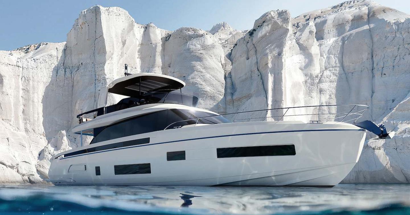 Rendering of Azimut Fly 70 Motor Yacht at anchor on calm water