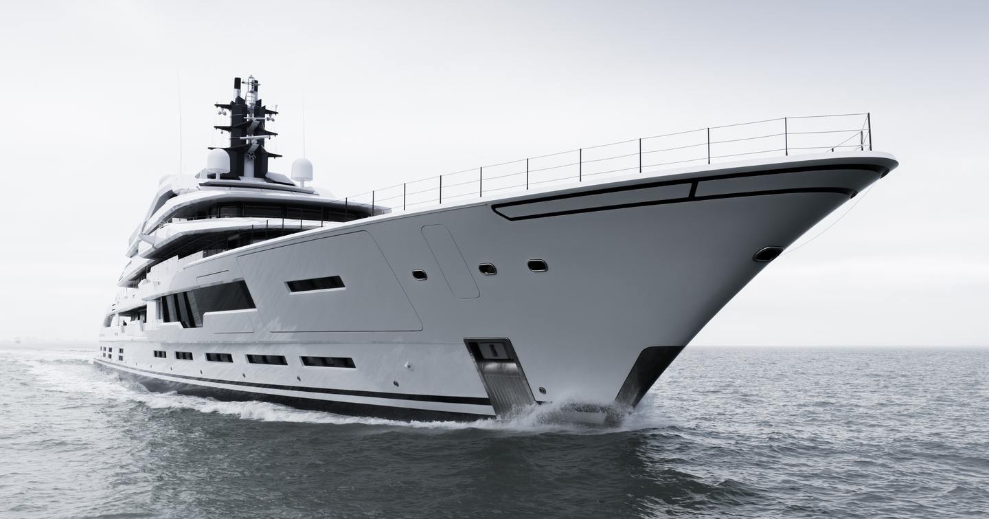 Close up of Superyacht Project Tanzanite bow under way on sea trials 