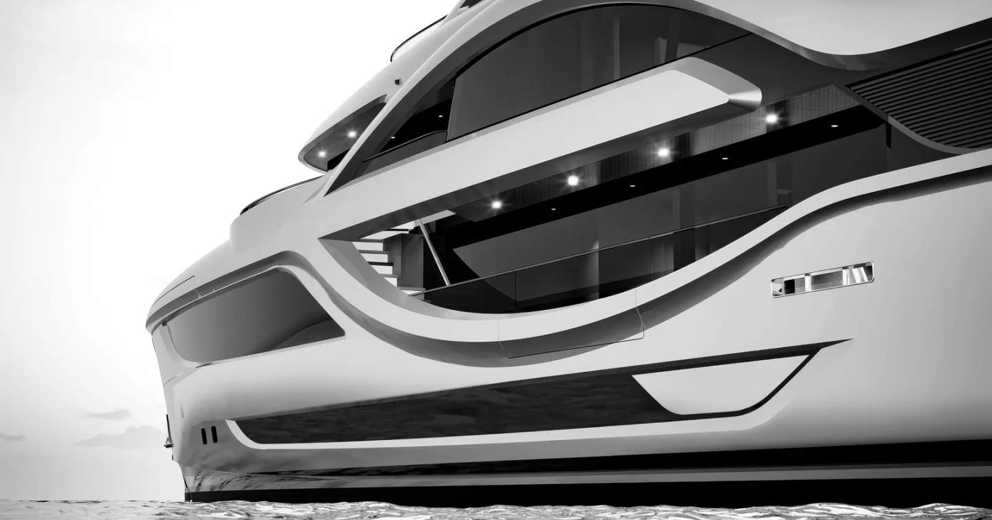 Close up Rendering of superyacht Project Milky Ways port side with cut out walkways
