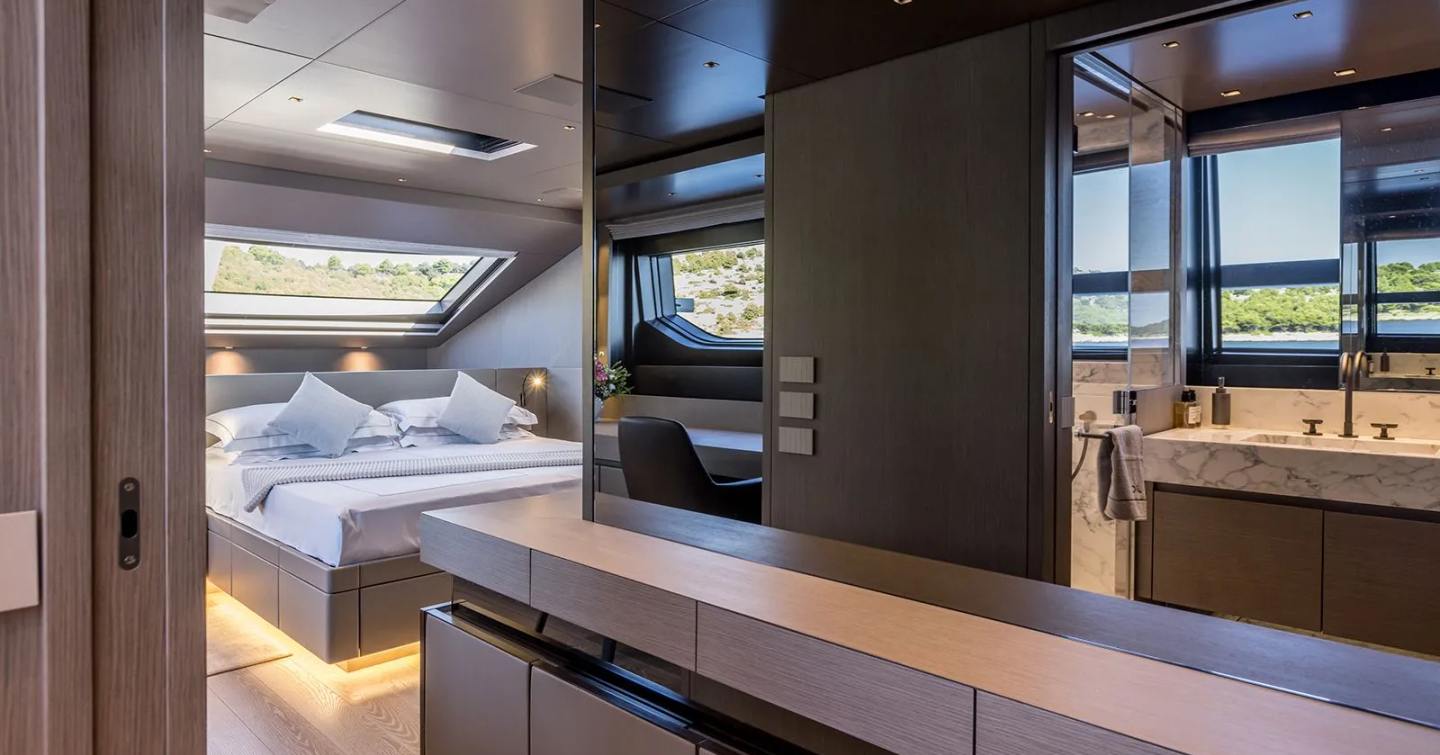 Motor Yacht JICJ master cabin walk way with marbled ensuite 