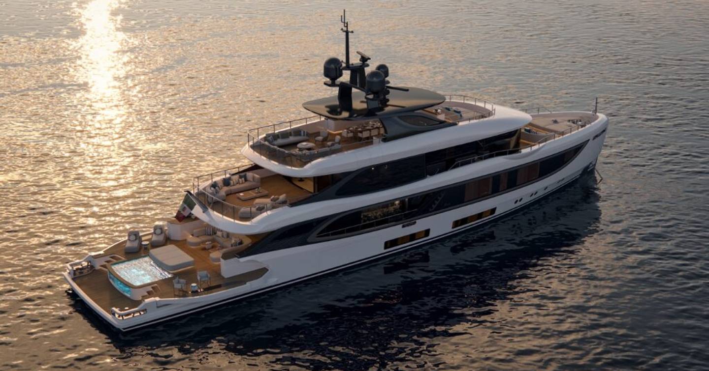 Wide angle shot of the motor yacht Benetti Oasis 42M at anchor, at sunset 