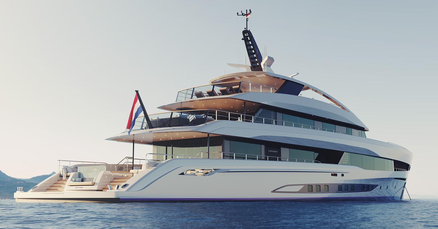 Rear view of motor yacht Project Grace showing her amenities and Dutch flag
