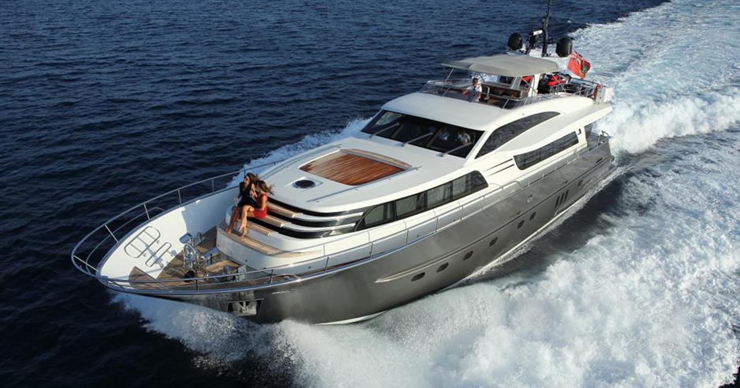 Overview of superyacht O NOSO UNO underway, surrounded by sea.