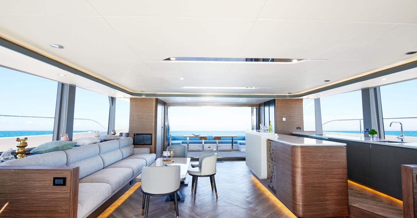 Revolution Marine Oceanwalker S60e cataraman interior with cream furniture