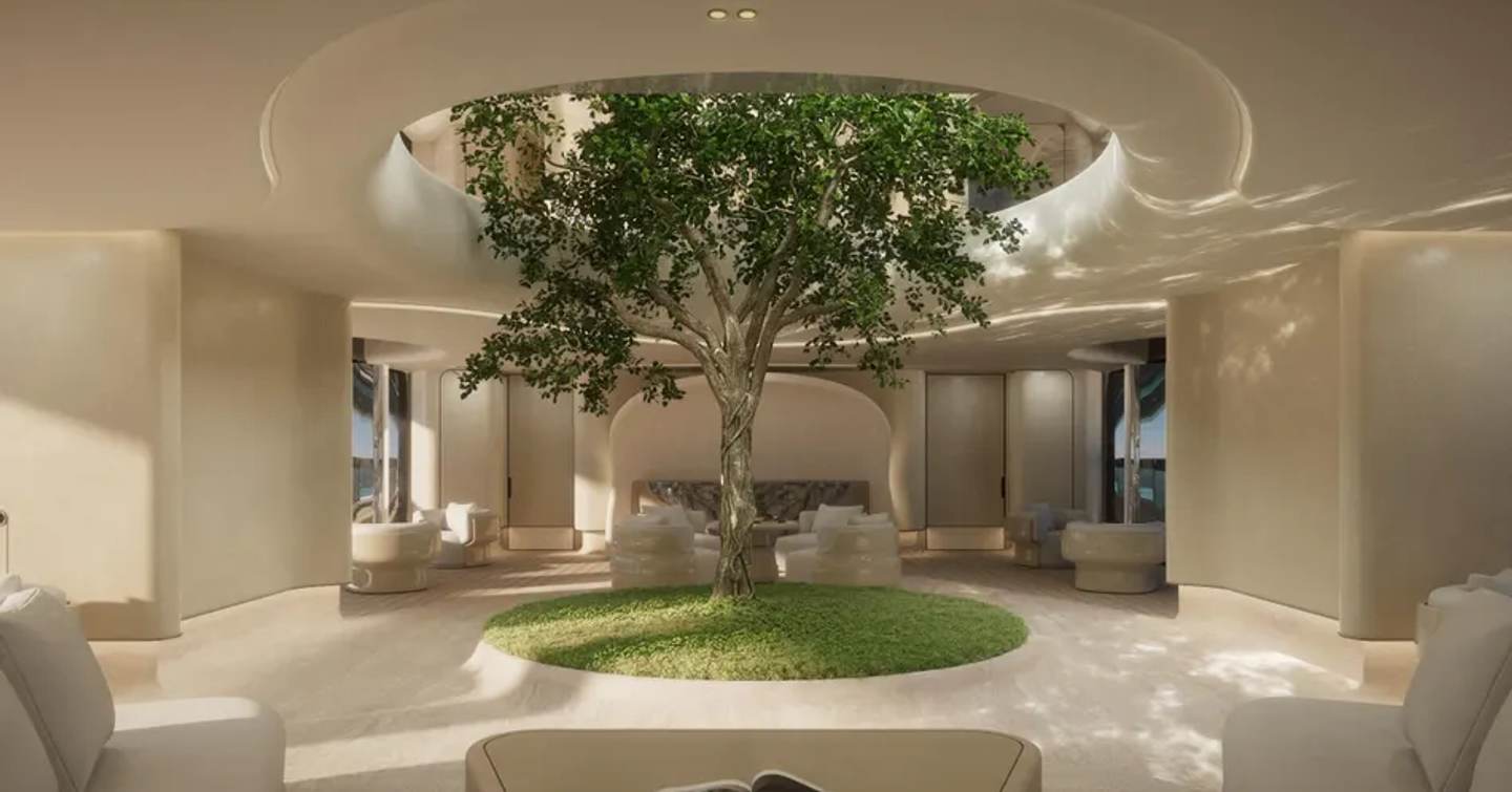 Rendering of Sanlorenzo 74Steel Superyacht Virtuosity  saloon with living central tree 
