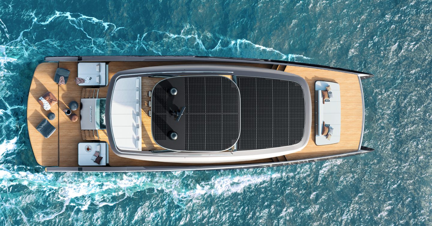 Aerial rendering of Sunreef 88 Ultima catamaran under way