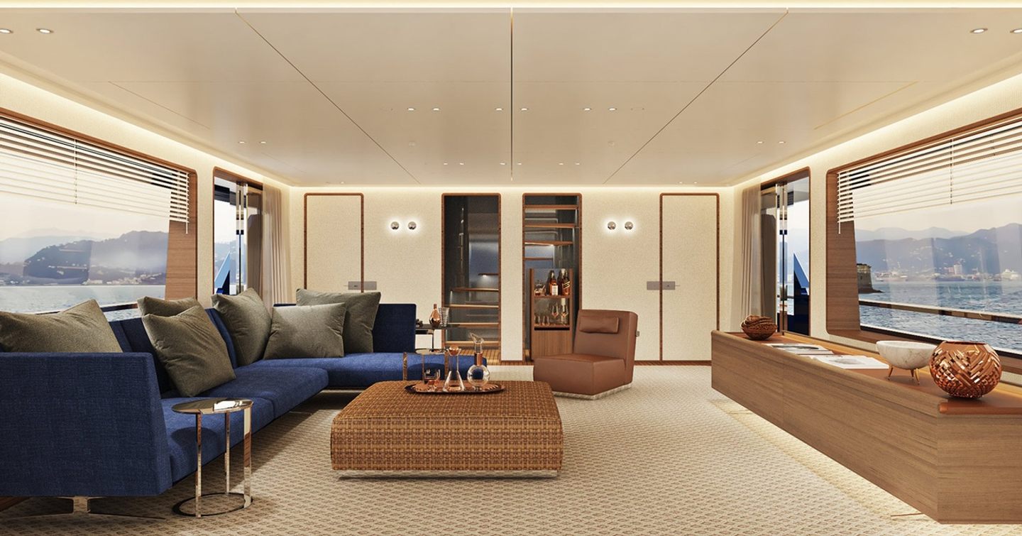 rendering of a royal blue sofa, wooden coffee table, cream carpets and cream wall panels and ceiling in the main salon on board the Navetta 30 yacht