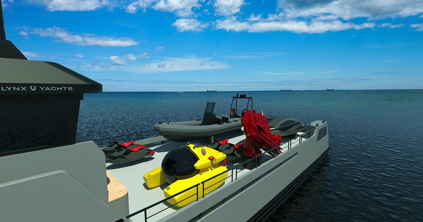 Rendering of Lynx YXT 34 explorer yacht aft with tenders on calm sea 