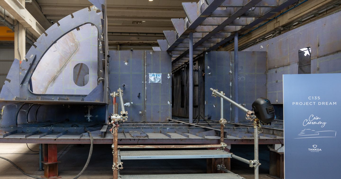 Tankoa Superyacht Project Dream keel under construction in shipyard 