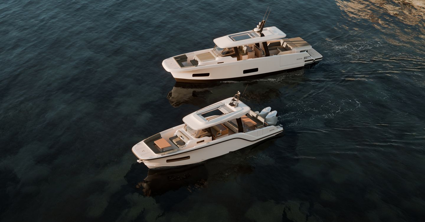 Aerial view of the AIATA Sunfinder 50 and Sunfinder 38 running side by side on calm water, showing the open deck layout, hardtop roof, and wide walkaround side decks.