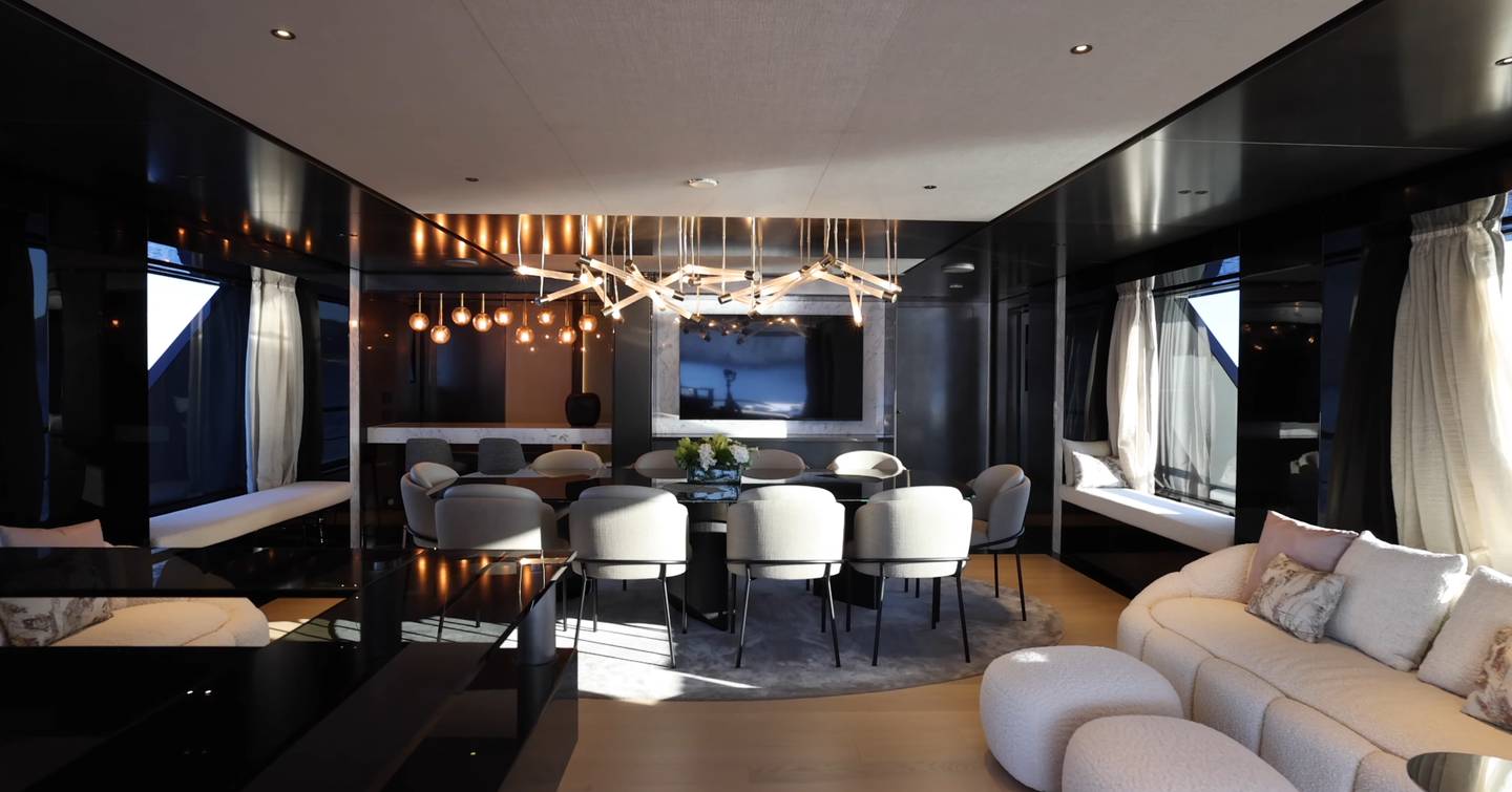 Superyacht Big Naan main saloon dining area with rod-like ceiling lighting 