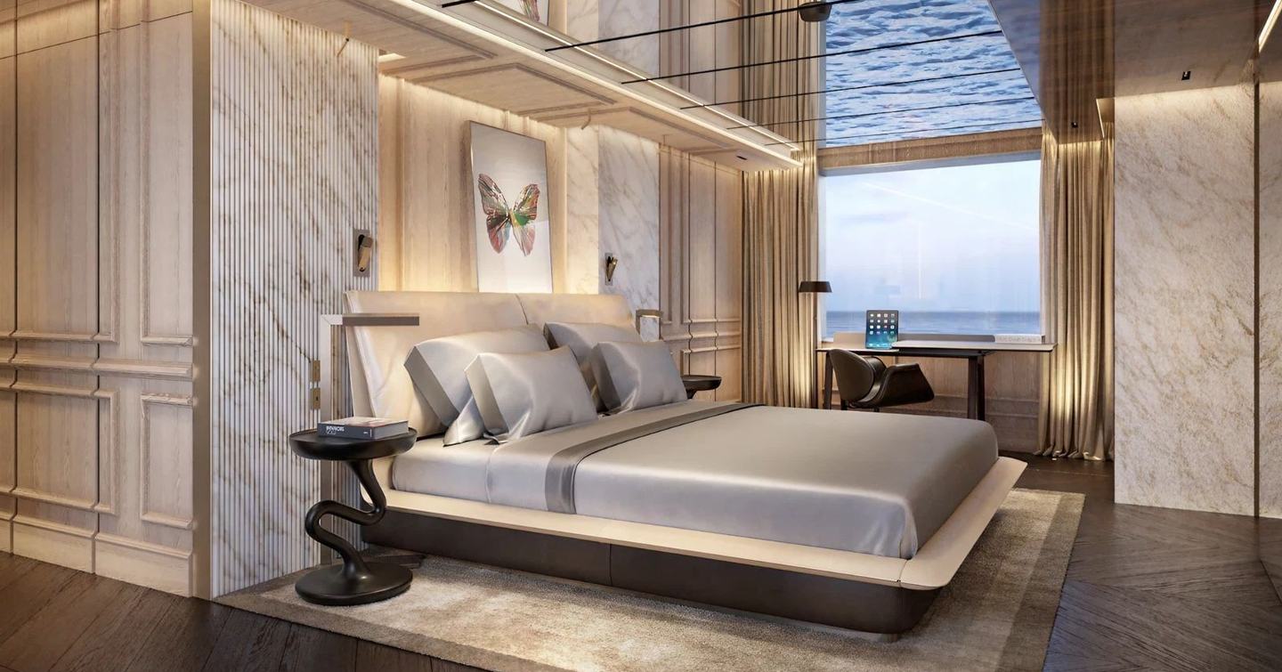Master cabin with central berth and large window onboard superyacht RAJA²