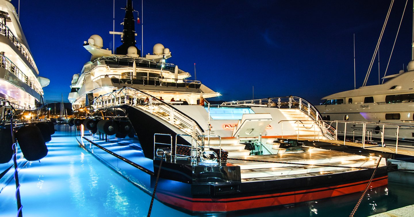 Aft view of superyacht ALFA NERO berthed at a dock