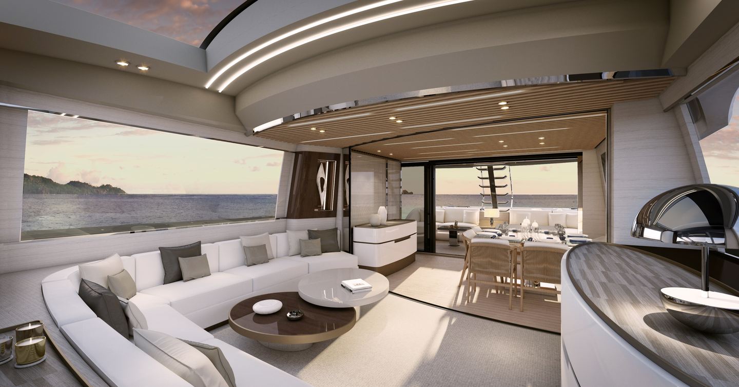 The contemporary interior of an Azimut yacht for sale