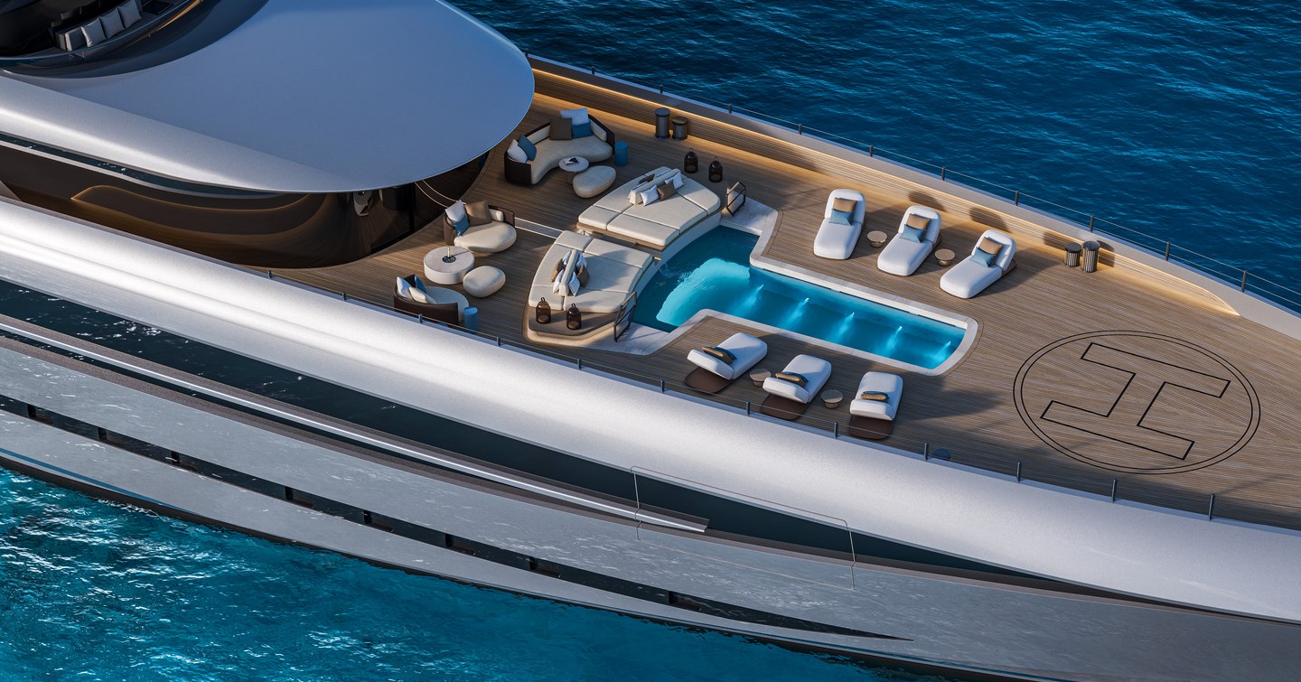 Rendering of ISA Poseidon 86M superyacht foredeck with t-shaped swimming pool and surrounding sun loungers