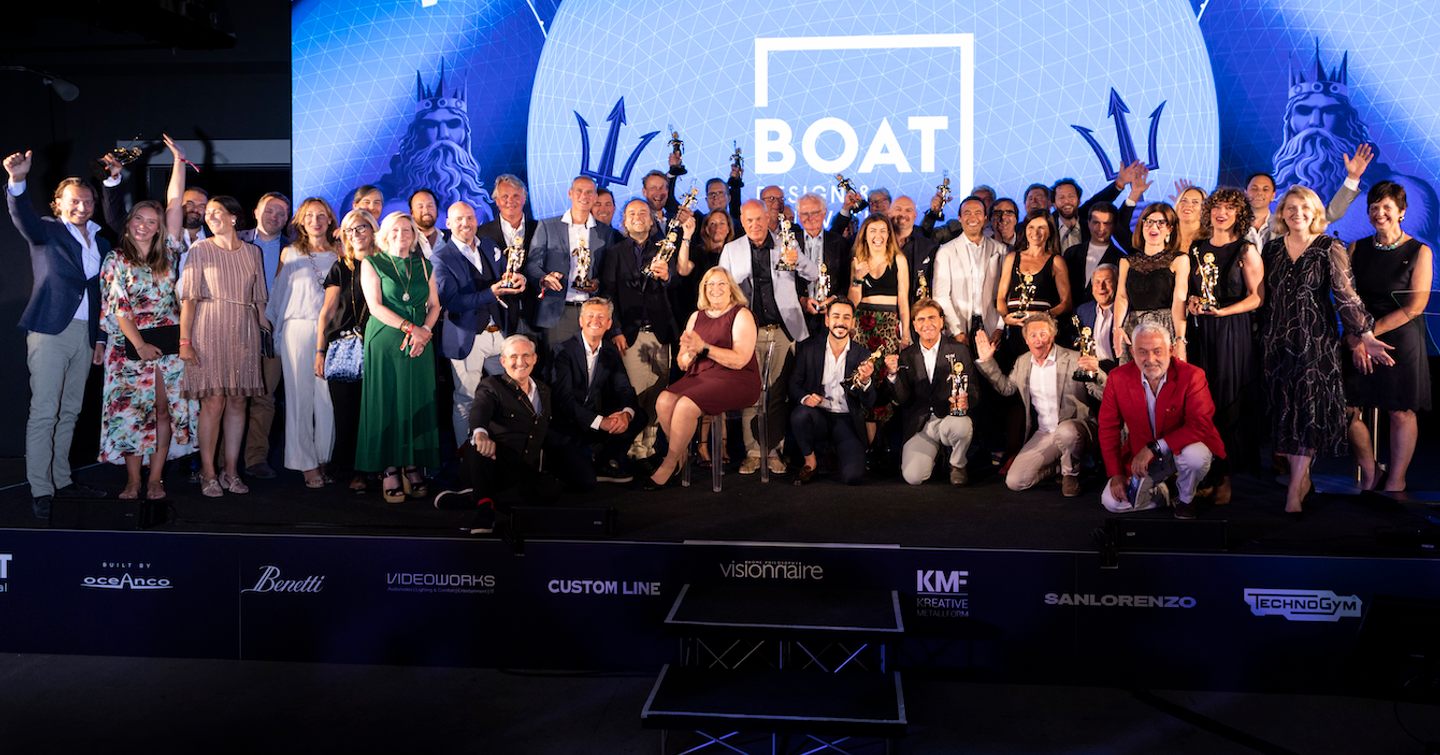 Group photo of all the winners on stage at the Boat International Design & Innovation Awards 2022.