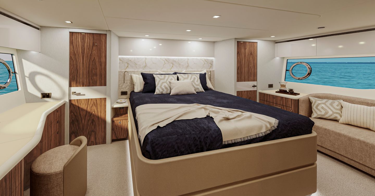 Rendering of Riviera 735 SUV motor yacht master cabin
