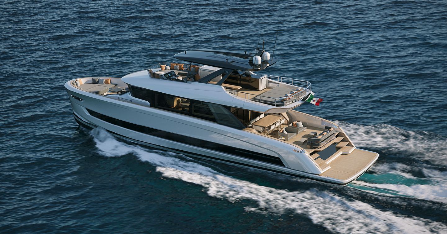 Rendering of Solaris Power 70 Long Range motor yacht under way
