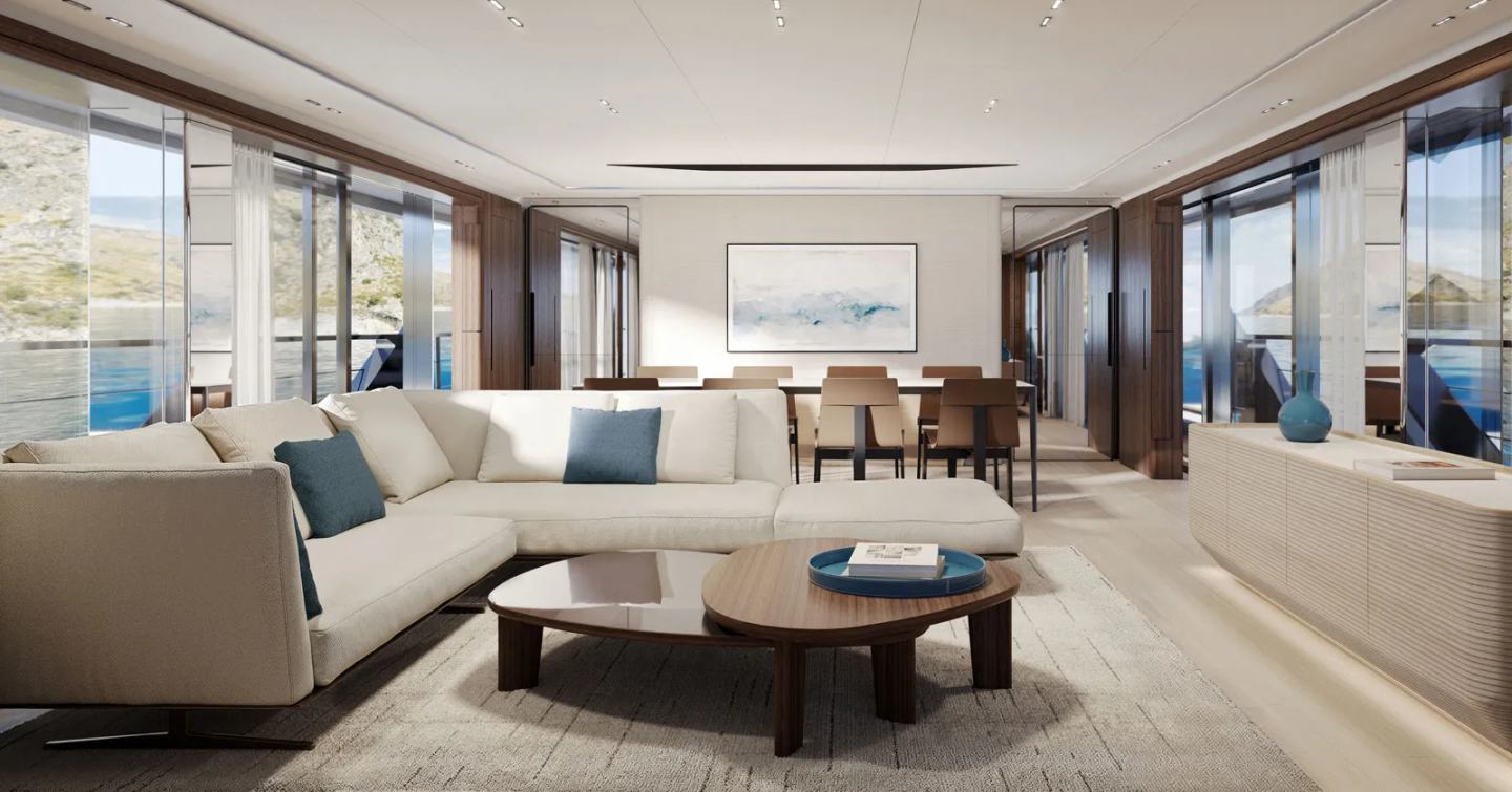 Rendering of Custom Line Saetta 128' motor yacht main saloonnnn