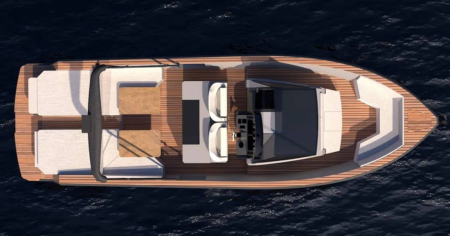 Aerial Rendering of Maxim Yachts MAX39 Comfort boat at anchor 