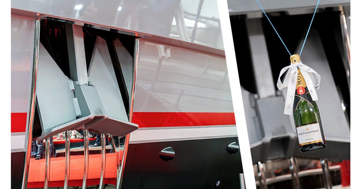 Ninth Mulder ThirtySix Superyacht launch ceremony with champagne breaking 