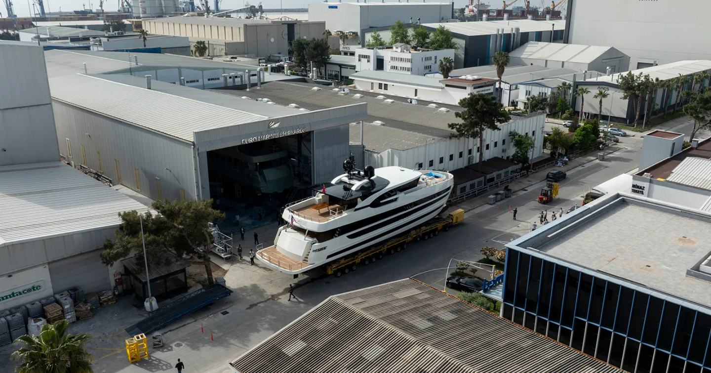 Drone shot of First 31m Lazzara UHV 100 Superyacht on trolley on way to launch