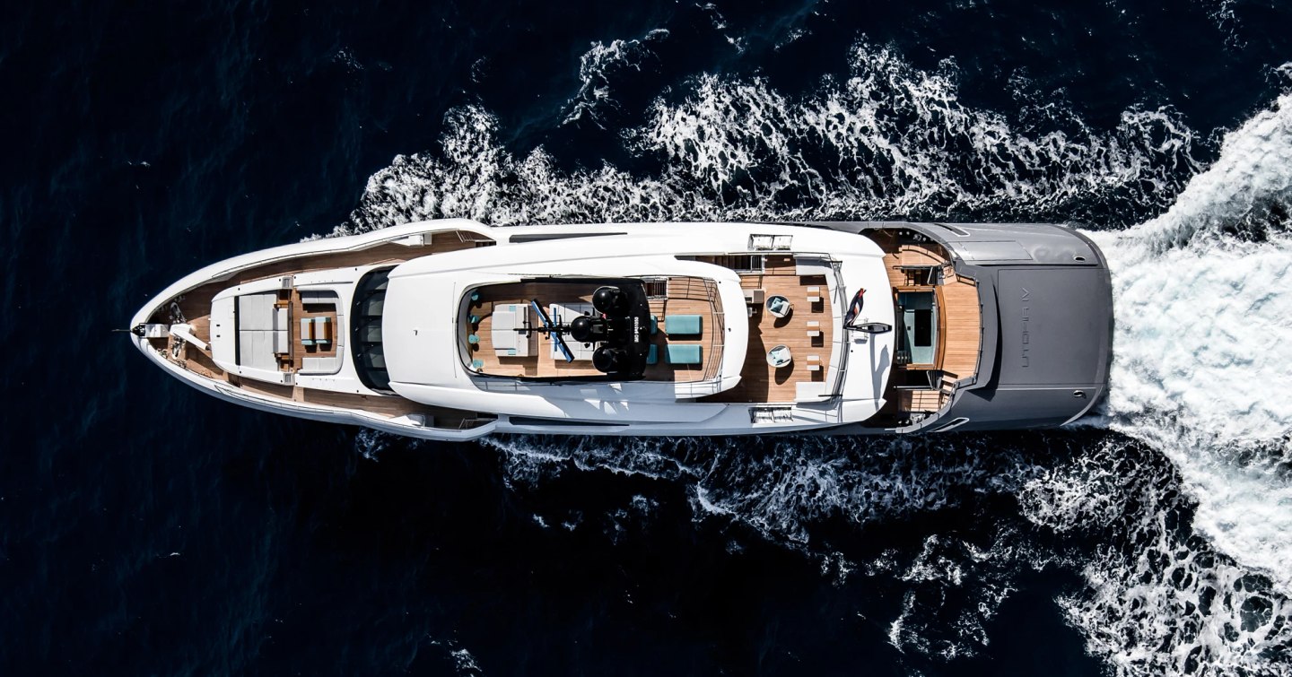 Aerial view of Superyacht Utopia IV under way