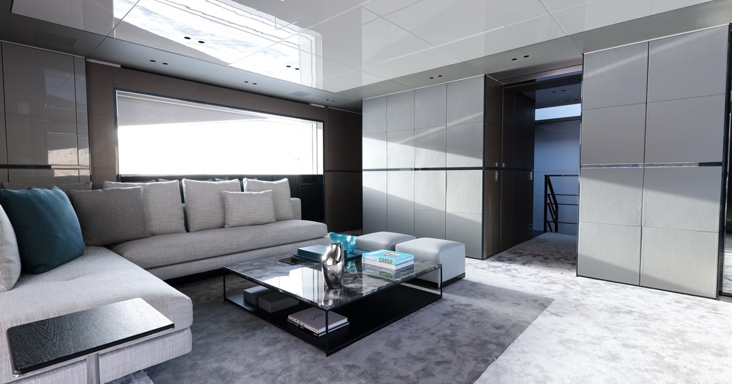 Superyacht No Stress skylounge with grey L-shaped sofa