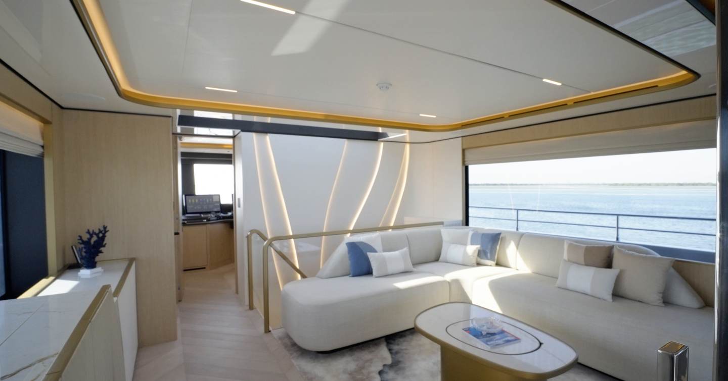 Upper saloon aboard the Gulf Craft Majesty 100 Terrace with skylight and panoramic windows